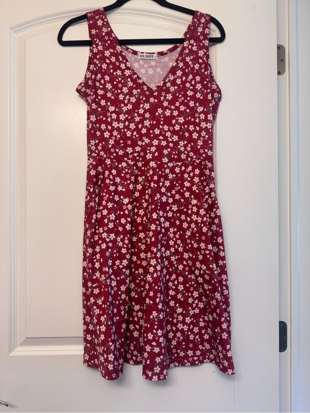 Sleeveless Red Floral A-Line Dress with Pockets